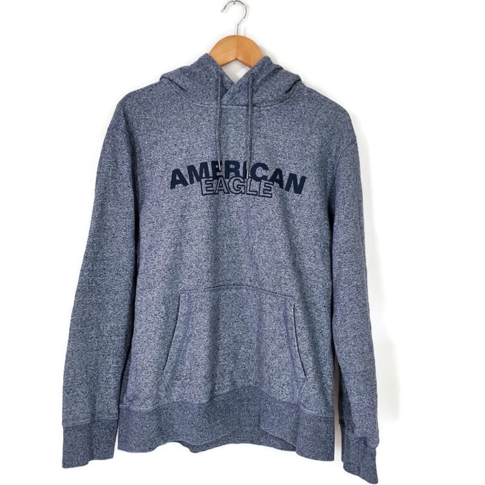 American Eagle Mens Blue/Grey/Gray Hooded Pullover Cotton Sweatshirt Size L